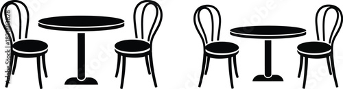 Simple black and white illustration of cafe furniture tables and chairs