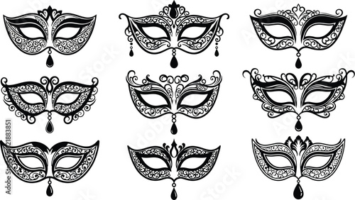 Elegant black and white venetian masks collection decorative design elements