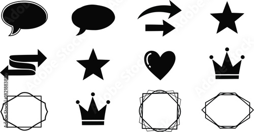 Collection of black silhouette icons including speech bubbles stars and crowns