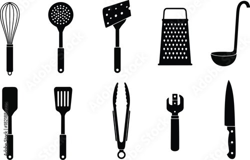 A collection of black silhouette kitchen utensils arranged in a single row
