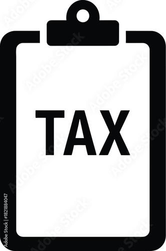 A black and white icon depicting a clipboard with the word tax on it