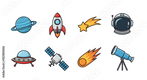 Cartoon space elements rocket planets astronaut and celestial objects