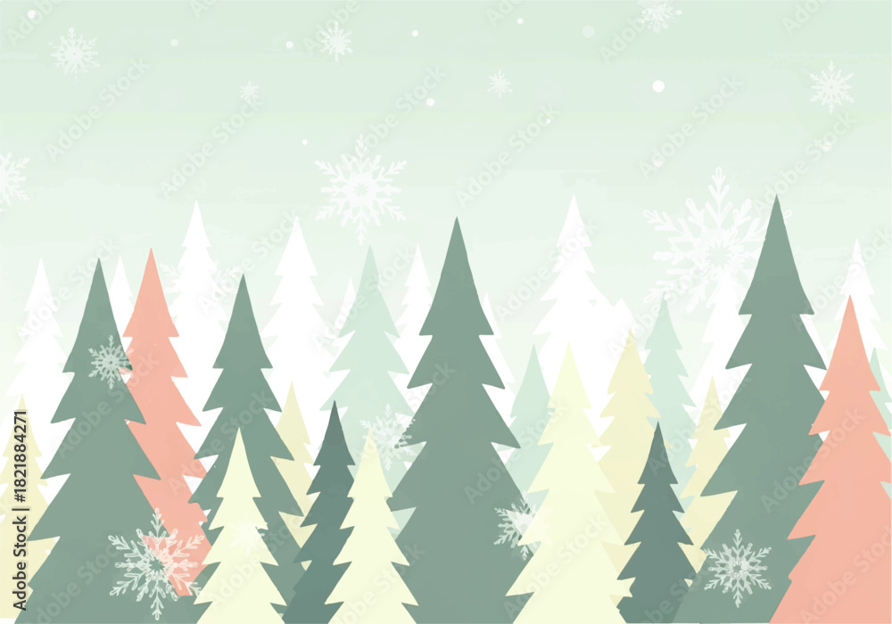Obraz premium Stylized Christmas trees in various pastel colors against a light green background with falling snowflakes, creating a festive winter scene.
