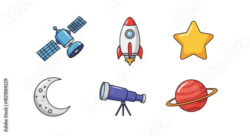 Cartoon space elements rocket satellite planets star moon and telescope