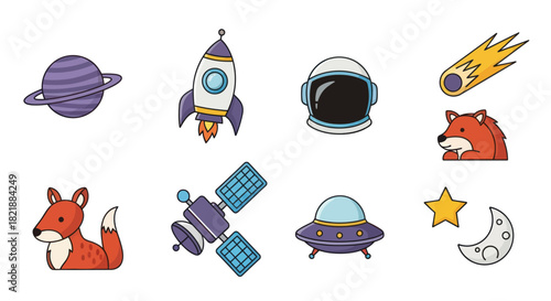Cartoon space elements rocket ship planets astronaut helmet fox