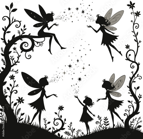 Magical fairy silhouettes creating stars fantasy illustration dreamy whimsical scene