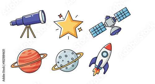 Cartoon space elements set telescope star planet satellite rocket isolated