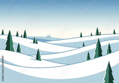 A stylized, minimalist winter landscape with snow-covered rolling hills and scattered evergreen trees under a clear blue sky.