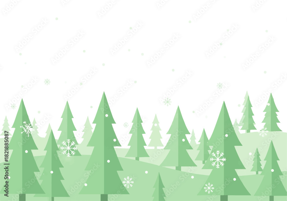Obraz premium A stylized illustration of a winter forest with evergreen trees and falling snowflakes on a white background.
