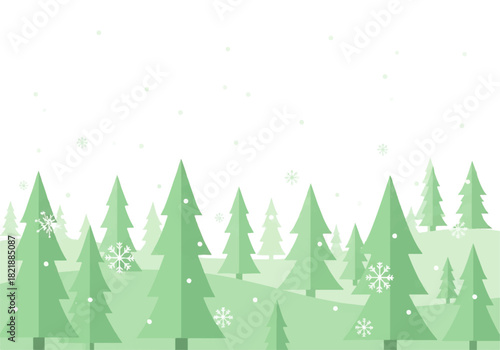 A stylized illustration of a winter forest with evergreen trees and falling snowflakes on a white background.