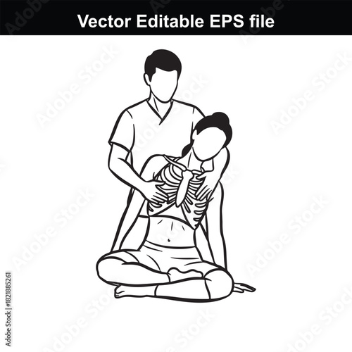 Line art illustration of a person performing chest compressions on another person in a seated position, isolated on white background