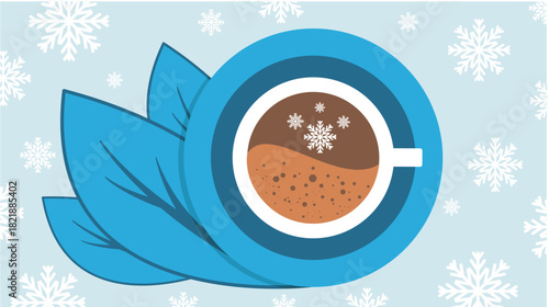 A cup of coffee on a New Year's table with white snowflakes, falling snow