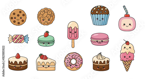 Cartoon sweets collection cookies cakes candies and ice cream characters