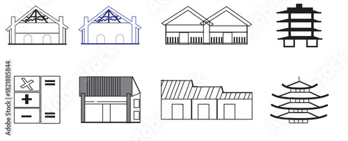 Modern village and urban homes set featuring sleek contemporary architecture blended with two elegant Japanese pagodas, combining rural charm, city design, and traditional Japan.