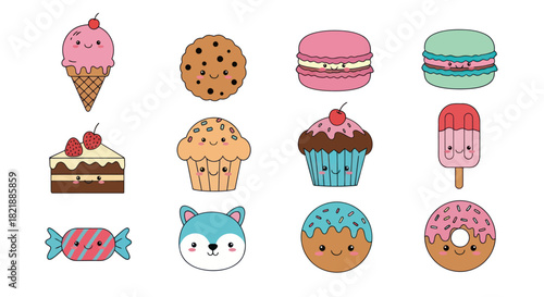 Cartoon sweets collection ice cream cookies macarons cakes and treats