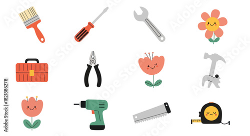 Cartoon tools and flowers construction and gardening themed elements