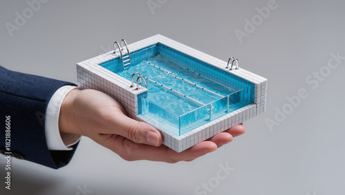 Mini pool model with blue water and white tiles held in a hand, symbolizing pool installation, design planning and professional maintenance services