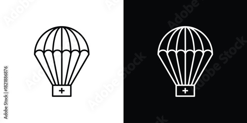 Parachute with first aid kit icons isolated outline vector icon with editable stroke