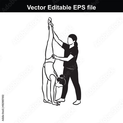 Two women performing gymnastics, one assisting the other in a handstand pose, isolated on white background