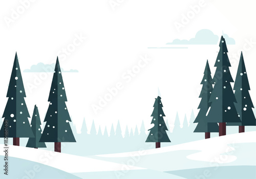 A winter landscape illustration with snow-covered evergreen trees and a snowy ground, set against a bright, overcast sky.