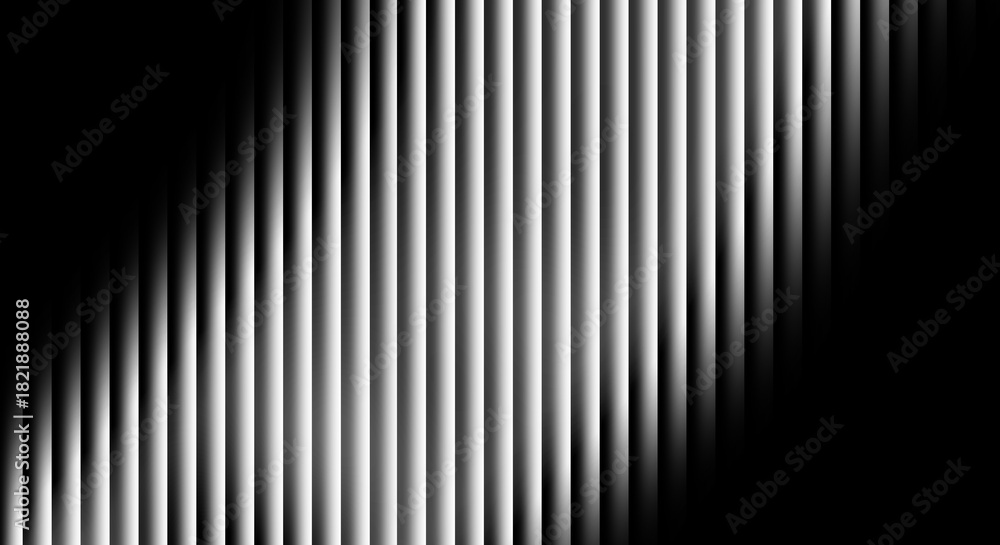 Obraz premium Dynamic abstract background featuring a pattern of vertical white and gray stripes on a black backdrop, creating a sense of movement and depth with a diagonal transition
