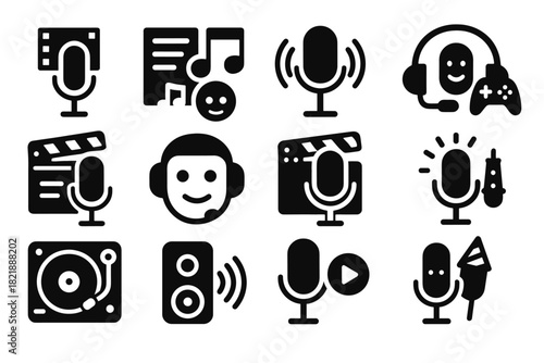 Icon audio vector podcast playlist control video headset voice waves icons mic