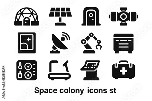 Colony unit docking icon vector window antenna module solar icons space life