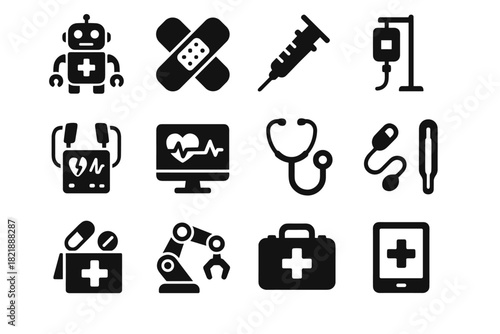 Iv stethoscope icons stand paramedic robotic aid medicine box icon vector medical