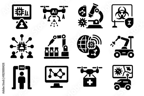 Monitor hub outbreak vector tracing epidemic icons radar zone medical icon robotic