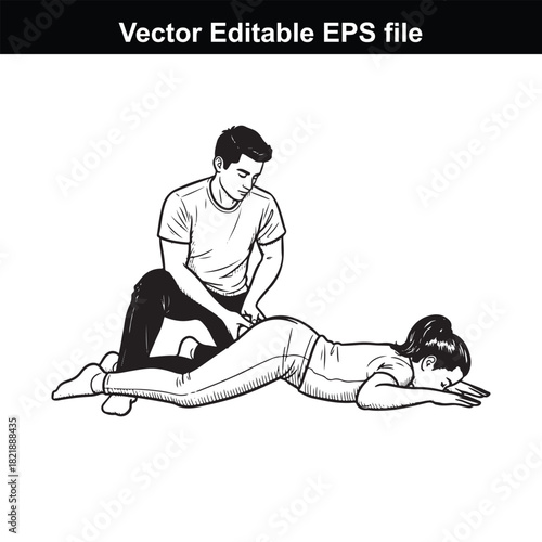Illustration of a man giving a woman a back massage, showing a therapeutic touch and relaxation technique, isolated on white background