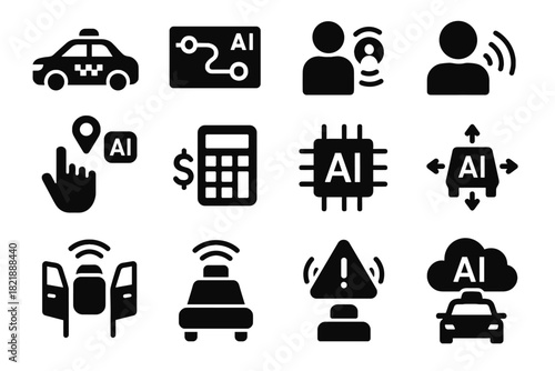 Autonomous taxi calculation driverless monitor passenger icon traffic navigation vector speed