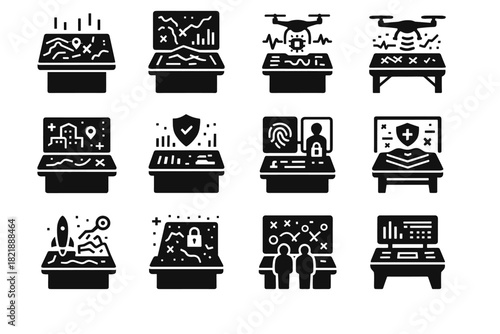 Secure collaborative encrypted desk table vector icon military defense mission holographic