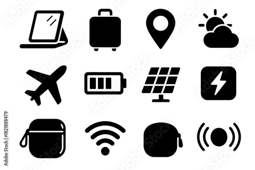 Compact solar mirror panel charge vector pin case symbol travel set icon