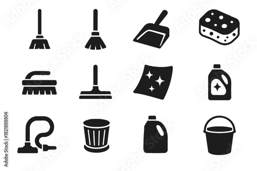 Bottle cleaning hose broom floor microfiber sponge tools mop vector icon detergent