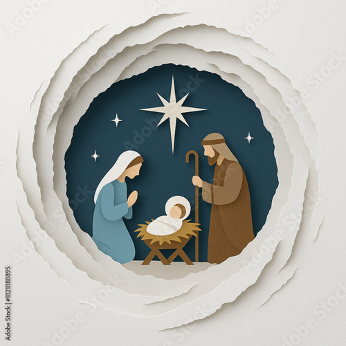 Spiral torn paper nativity silhouettes ragged edges layered white background flat composition illustration