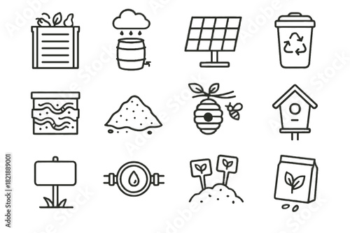 Friendly worm eco bin vector packet bee mulch seed pile solar icon