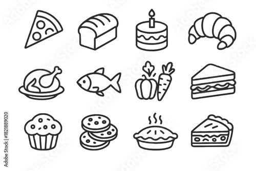Food muffin sandwich pie vegetables icon grid quiche cake cookies vector pastry