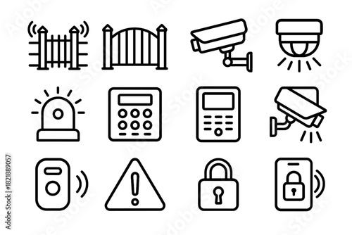 Alarm icons smartphone keypad bell sensor fence icon camera home warning vector