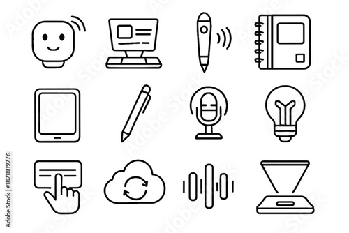 Tablet assistant ai light stylus icon set futuristic vector led display notebook