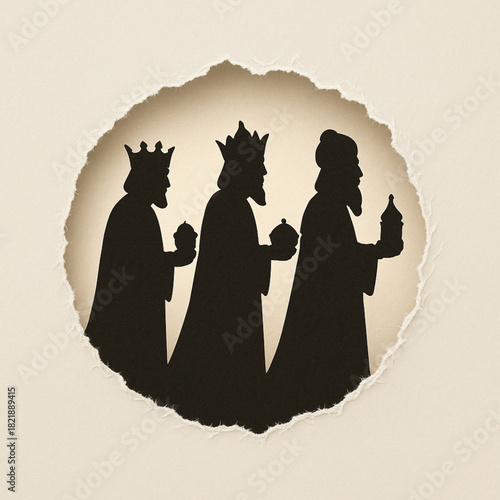 Three Kings oval torn paper silhouettes jagged rip fibers inner glow vector Christmas illustration