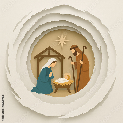 Spiral torn paper nativity silhouettes ragged edges layered white background flat composition illustration