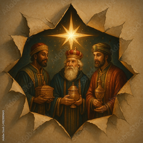 Three Wise Men star torn vector silhouettes fragmented paper points illuminated Christmas illustration