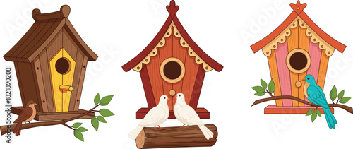 Colorful birdhouses, perched birds, decorative wooden houses, garden decor, nature illustration, backyard wildlife, cute birds, spring theme, outdoor charm