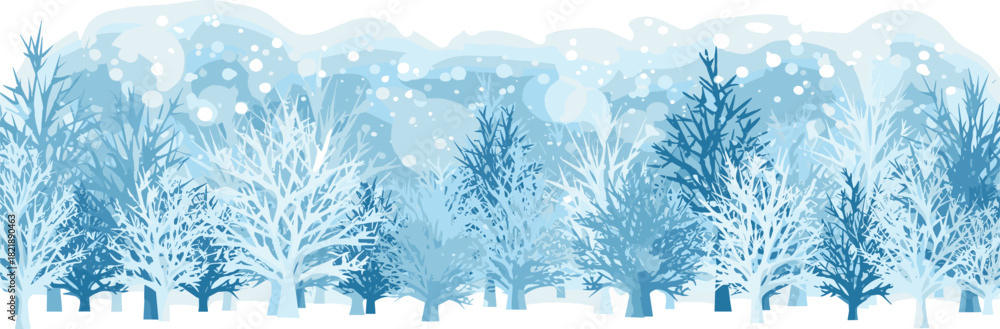 Naklejka premium Enchanting winter forest scene with a flurry of gently falling snow and serene snow-covered pine trees, creating a magical cold weather wonderland illustration