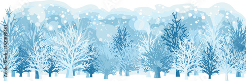 Enchanting winter forest scene with a flurry of gently falling snow and serene snow-covered pine trees, creating a magical cold weather wonderland illustration