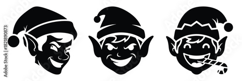 black silhouette elf candy grin on a white background graphic design