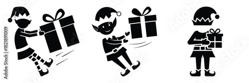 black silhouette elf gift bounce on a white background graphic design
