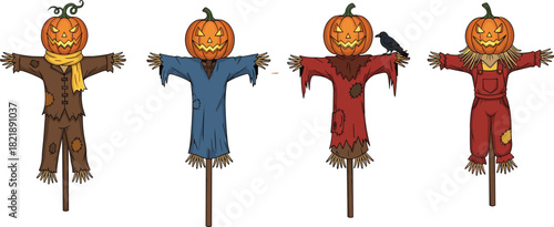 Pumpkin scarecrow illustration, Halloween character design, autumn harvest decoration, spooky farm figure, festive fall artwork, vector cartoon seasonal concept