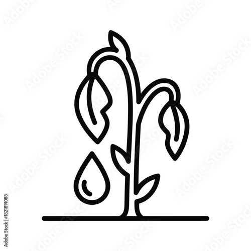 Line icon of a wilting plant receiving a drop of water isolated on