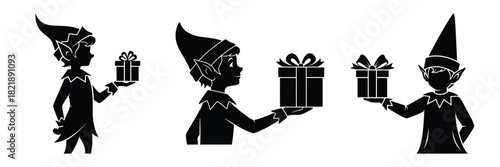 black silhouette elf gift spark on a white background graphic design